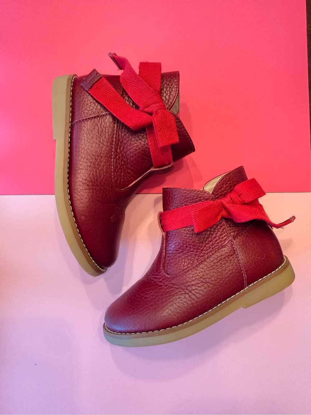 Elephantito Burgundy Leather Kids Boots with Red Bow